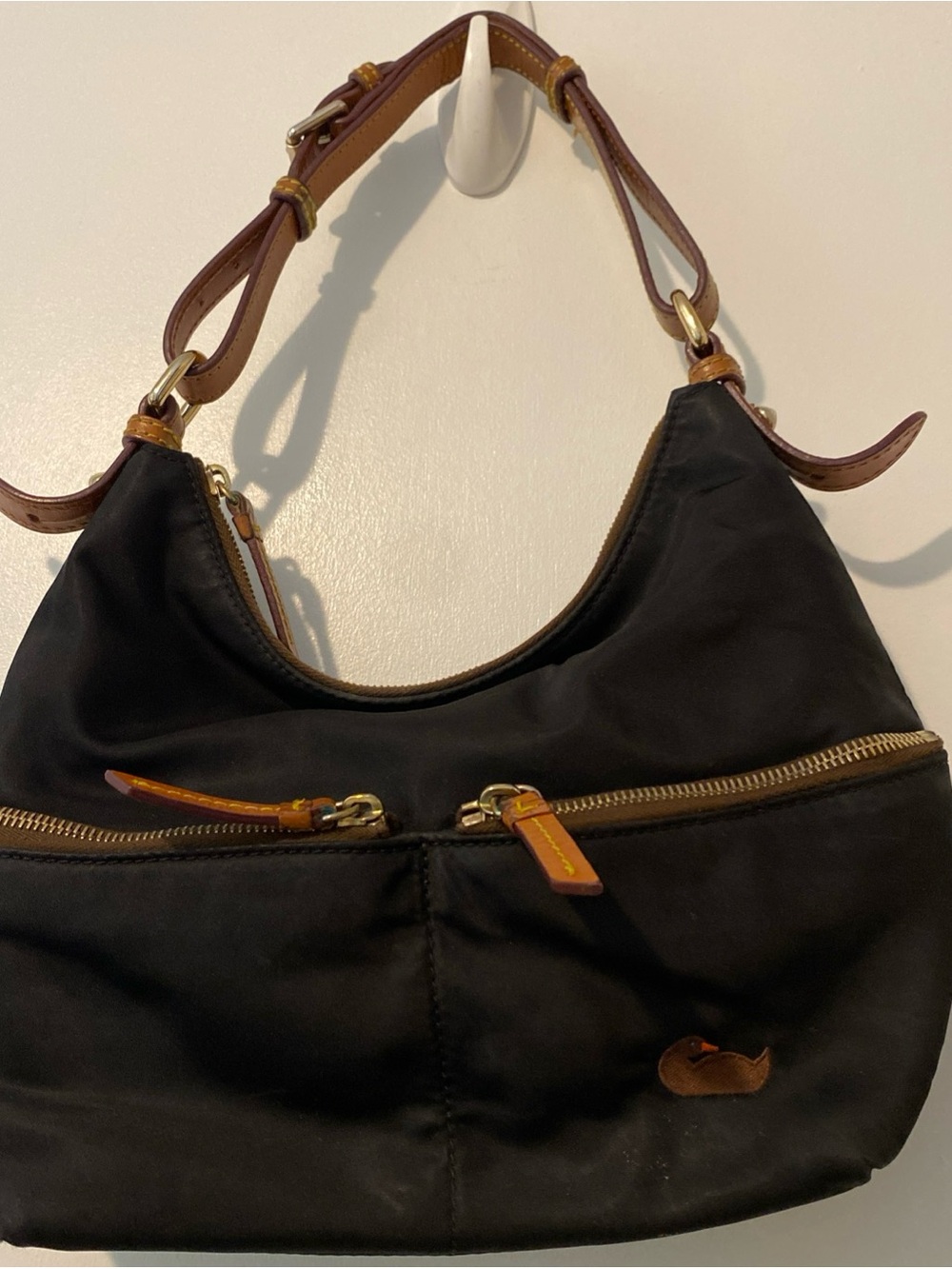 Dooney & Bourke Black Nylon Hobo Bag with Brown Leather Trim Pink Lining